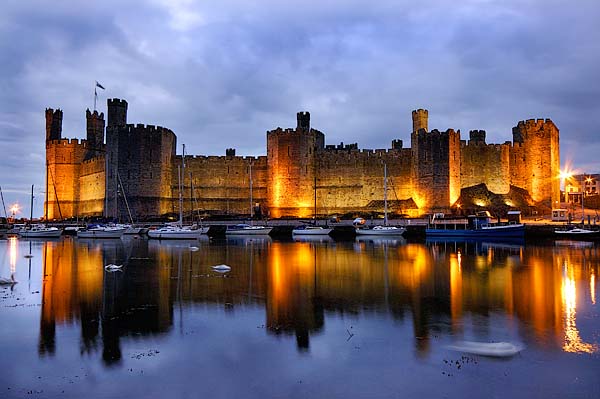Caernarfon Castle at dusk.